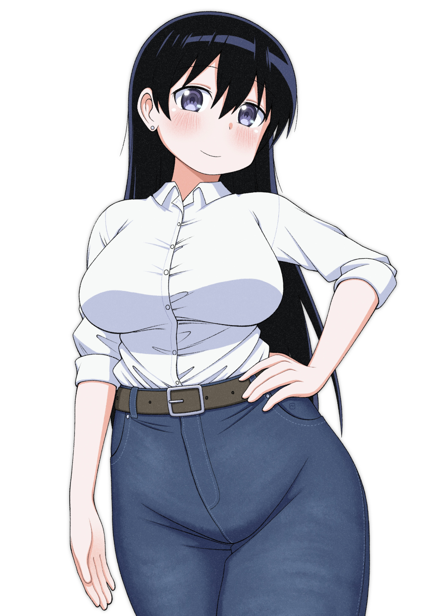 1girl, absurdres, arato_nagi, belt, black_hair, blush, breasts, closed_mouth