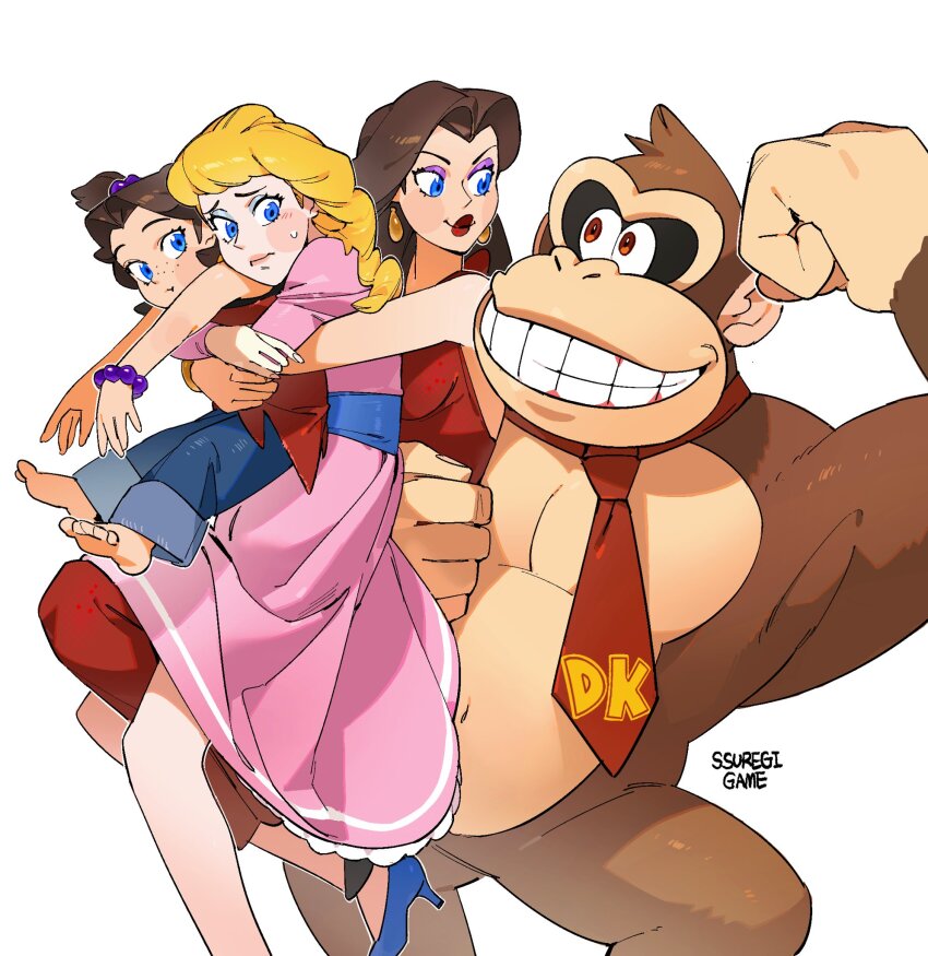 1boy, 3girls, blue_eyes, blue_pants, brown_hair, donkey_kong, donkey_kong_(1981_game), donkey_kong_(series), donkey_kong_bananza, dress, gorilla, grin, highres, hug, mario_(series), multiple_girls, multiple_persona, nintendo, pants, pauline_(nintendo), pauline_(young)_(nintendo), pink_dress, princess_peach, red_dress, red_lips, red_shirt, shirt, simple_background, smile, ssuregigame, white_background