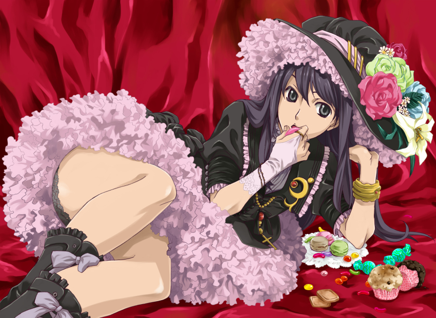00s, 1boy, black_eyes, black_hair, black_panties, blue_flower, blue_rose, boots, bracelet, bridal_gauntlets, candy, cookie, crossdressing, crossdressing_(mtf), cupcake, dress, flower, food, frilled_dress, frilled_hat, frills, full_body, green_flower, green_rose, hat, highres, jewelry, legs, lily_(flower), long_hair, lying, male_focus, mikuni_saho, on_side, panties, pink_flower, pink_rose, red_background, ribbon, rose, solo, tales_of_(series), tales_of_vesperia, too_many, trap, underwear, wrapped_candy, yuri_lowell