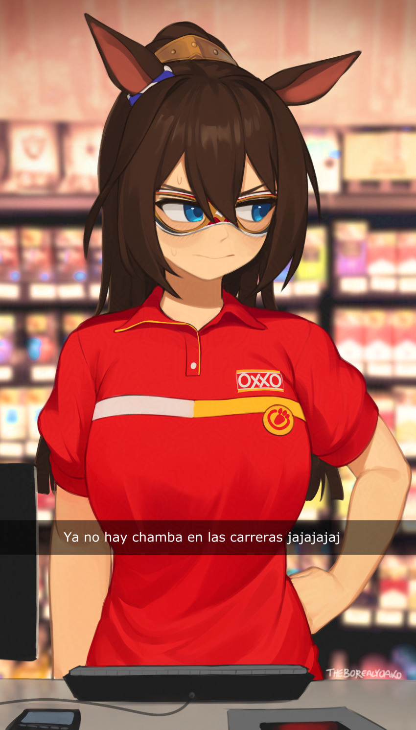 1girl, absurdres, animal_ears, artist_name, averting_eyes, bare_arms, blue_eyes, blurry, blurry_background, cashier, commentary_request, convenience_store, el_condor_pasa_(umamusume), employee_uniform, hair_between_eyes, hands_on_own_hips, highres, horse_ears, horse_girl, indoors, long_hair, oxxo, ponytail, red_shirt, shirt, shop, solo, spanish_commentary, spanish_text, t-shirt, translated, umamusume, upper_body, yoako