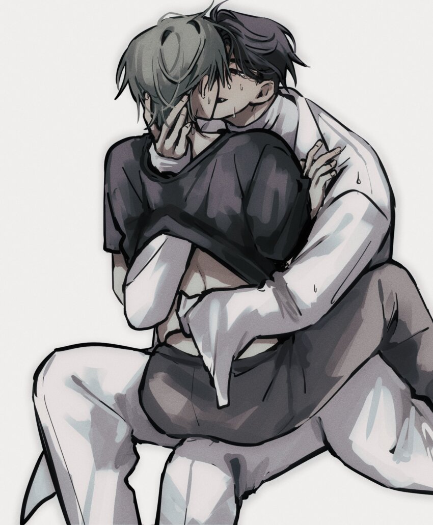 2boys, alien_stage, black_hair, black_shirt, chocorocotan, coat, commentary, english_commentary, grey_hair, grey_pants, hand_under_clothes, hand_under_shirt, highres, ivan_(alien_stage), kiss, long_sleeves, male_focus, multiple_boys, pants, shirt, sitting, sitting_on_lap, sitting_on_person, smile, till_(alien_stage), white_coat, white_pants, white_shirt, yaoi