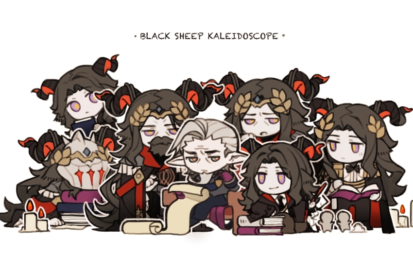 age_difference, arknights, book, english_text, facial_hair, five-fall, fremont_(arknights), goatee