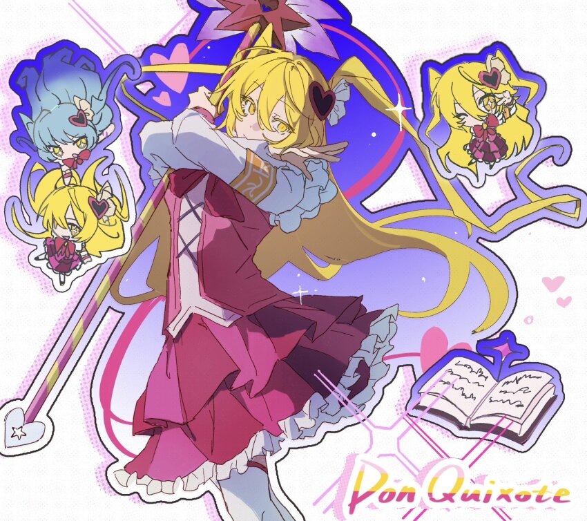 +_+, 2girls, armband, blonde_hair, blue_hair, book, bow, bowtie, character_backpack, chibi, colored_eyelashes, cowboy_shot, cross-laced_clothes, cross-laced_top, don_quixote_(project_moon), drop_shadow, e.g.o_(project_moon), floating_hair, frilled_gloves, frilled_skirt, frilled_sleeves, frills, gloves, hair_between_eyes, hair_ornament, hair_ribbon, heart, heart_hair_ornament, highres, holding, holding_hands, holding_wand, in_the_name_of_love_and_hate_(e.g.o), knees, layered_shirt, light_particles, limbus_company, llllao216913, lobotomy_corporation_(identity)_(project_moon), long_hair, looking_at_viewer, magical_girl, miniskirt, multiple_girls, multiple_views, one_eye_closed, open_book, open_mouth, orange_armband, outline, pink_shirt, pink_skirt, pleated_skirt, project_moon, purple_outline, queen_of_hatred, red_bow, red_bowtie, ribbon, shirt, skirt, sparkle, sparkling_eyes, star_wand, striped_clothes, striped_skirt, thighhighs, two_side_up, v, vertical-striped_clothes, vertical-striped_skirt, very_long_hair, wand, white_background, white_gloves, white_ribbon, white_sleeves, white_thighhighs, yellow_eyes