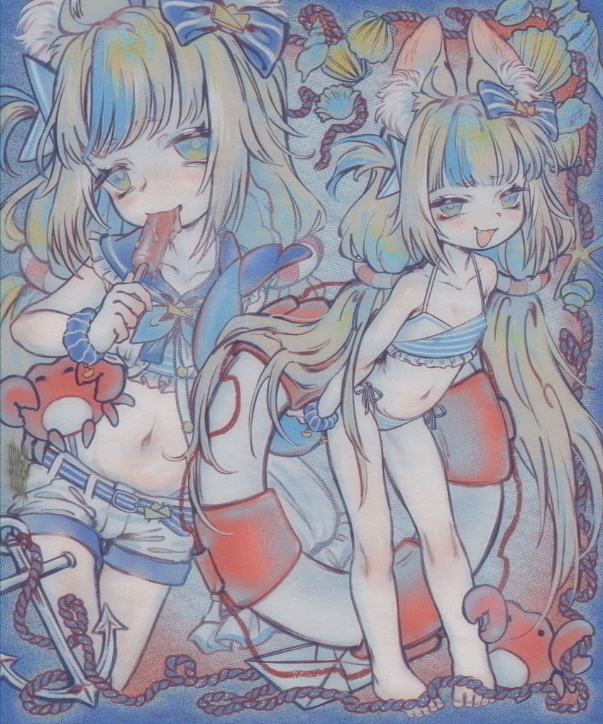 1girl, :d, absurdres, anchor, animal_ear_fluff, animal_ears, bare_legs, barefoot