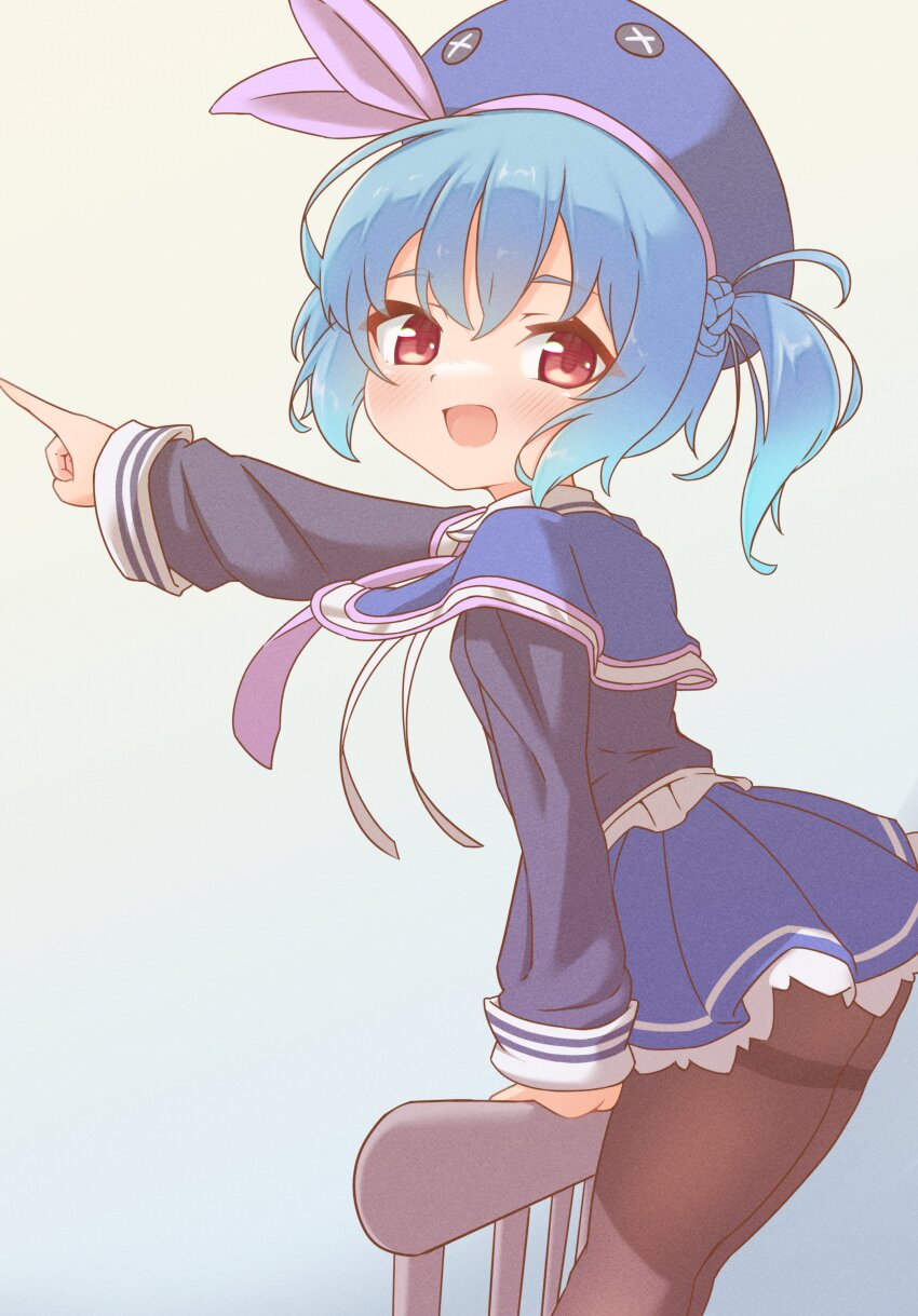 1girl, absurdres, beret, blue_capelet, blue_hair, blue_hat, blue_shirt, blue_skirt