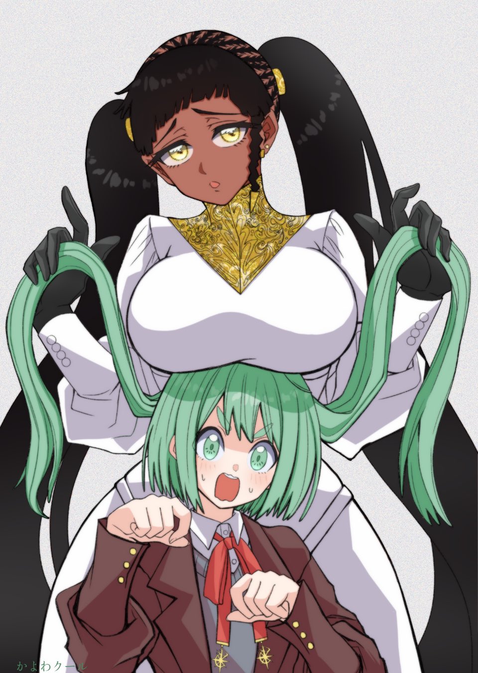 2025, 2girls, black_hair, blush, breast_rest, breasts, breasts_on_head, commentary, dark-skinned_female, dark_skin, desscaras, earrings, gloves, grabbing_another's_hair, grabbing_another's_twintails, green_eyes, green_hair, hair_bun, highres, holding, holding_another's_hair, jacket, jewelry, kayowacool007, kumugi_(madan_no_ichi), large_breasts, long_hair, long_sleeves, looking_at_viewer, madan_no_ichi, multiple_girls, open_mouth, ribbon, shirt, simple_background, skirt, sweat, sweatdrop, twintails, very_dark_skin, witch, yellow_eyes