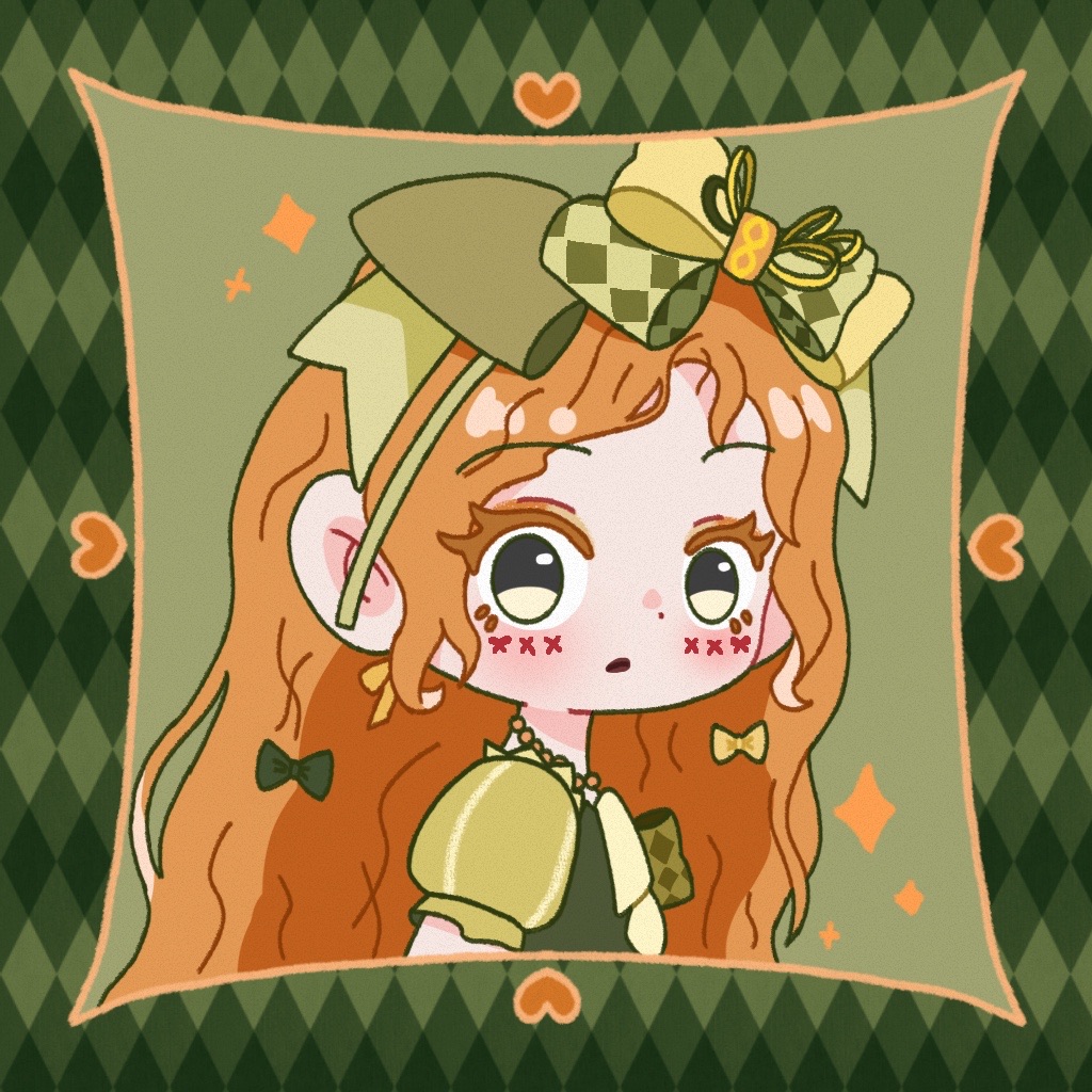 1girl, argyle_border, argyle_bow, argyle_bowtie, argyle_clothes, bead_choker, beads, border, bow, bow_earrings, bowtie, chibi, choker, closed_mouth, colored_eyelashes, crimson_rhapsody_(infinity_nikki), dot_nose, dress, earrings, expressionless, eyeshadow, facepaint, frilled_sleeves, frills, green_background, green_border, green_bow, green_bowtie, green_dress, green_hairband, green_ribbon, hair_bow, hair_ribbon, hairband, heart, hime_lolita, infinity_nikki, jewelry, large_bow, light_blush, lipstick, lolita_fashion, long_hair, looking_at_viewer, makeup, multiple_hair_bows, nikki_(series), official_alternate_color, orange_choker, orange_hair, puffy_short_sleeves, puffy_sleeves, red_eyeshadow, red_lips, ribbon, short_sleeves, solo, sparkle, tongyao_(su-yao), two-tone_bow, two-tone_bowtie, two-tone_eyeshadow, two-tone_ribbon, upper_body, vertical-striped_sleeves, very_long_hair, yellow_bow, yellow_bowtie, yellow_eyes, yellow_eyeshadow, yellow_ribbon