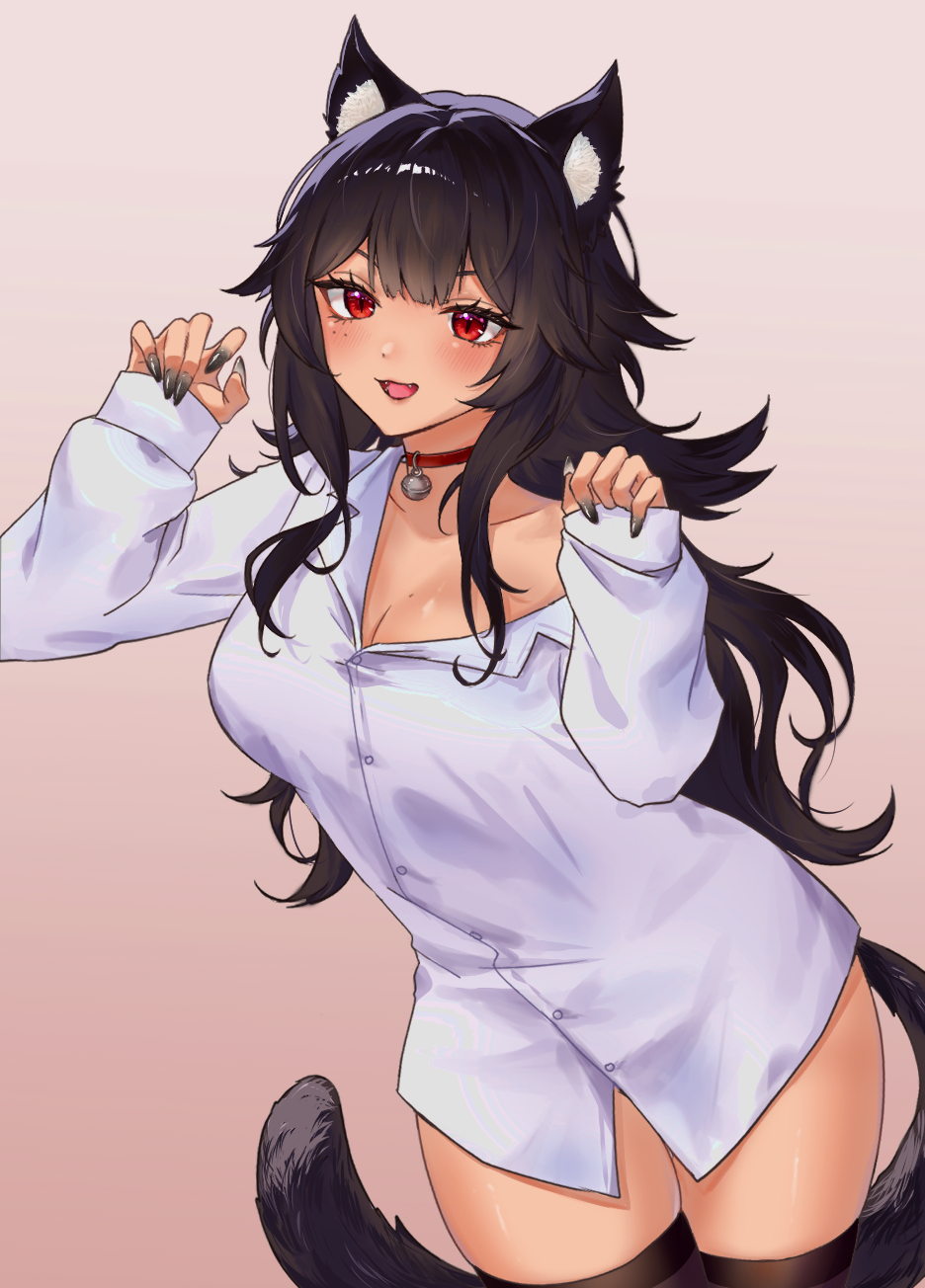 1girl, animal_collar, animal_ear_fluff, animal_ears, bell, black_hair, black_nails, breasts