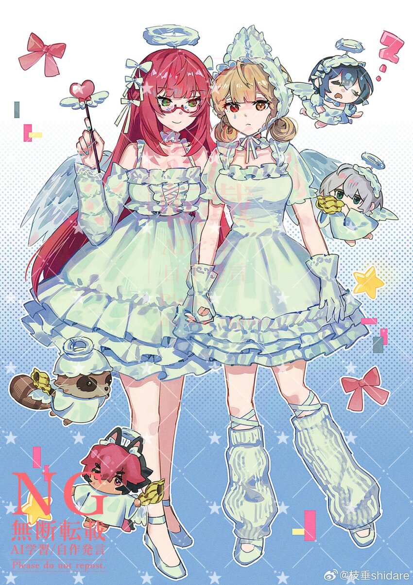 2boys, 3girls, :<, alice_thymefield, animal_ears, belle_(zenless_zone_zero), blue_background, blue_hair