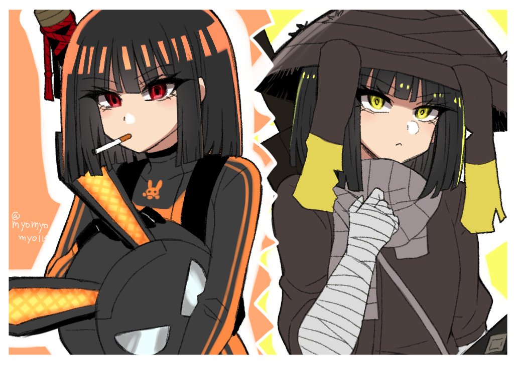 1girl, :<, bandaged_arm, bandages, black_bodysuit, black_hair, bob_cut, bodysuit