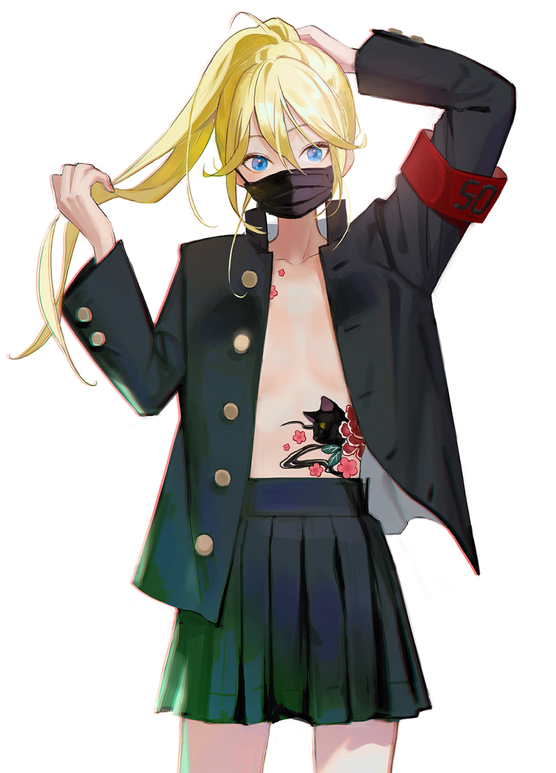 1girl, adjusting_hair, armband, blazer, blonde_hair, blue_eyes, cat_tattoo, flat_chest