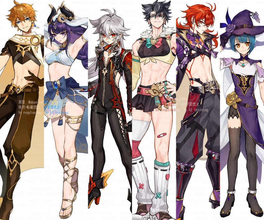 1girl, 5boys, aether_(genshin_impact), aether_(genshin_impact)_(cosplay), akaneya_(akaneya1484), arataki_itto, arataki_itto_(cosplay), armpits