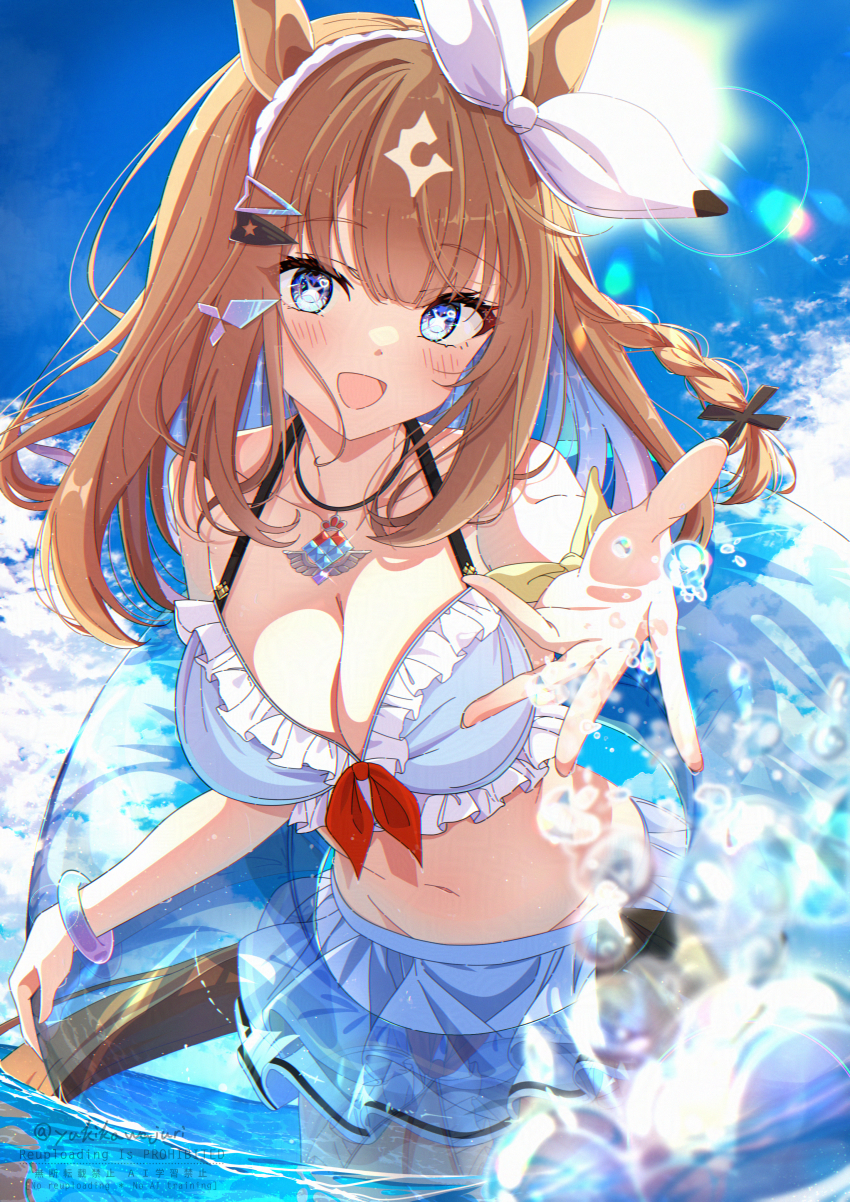 1girl, :d, absurdres, almond_eye_(umamusume), animal_ears, bikini, blue_bikini, blue_eyes