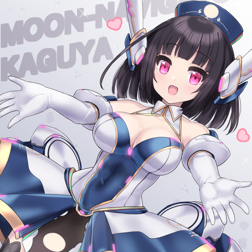 1girl, bare_shoulders, black_hair, black_thighhighs, blue_dress, breasts, cleavage, dress, elbow_gloves, emil_chronicle_online, gloves, hat, heart, highres, kaguya_(eco), ktsecond, large_breasts, looking_at_viewer, mecha_musume, mechanical_ears, nurse_cap, off_shoulder, open_mouth, outstretched_arms, purple_eyes, spoken_heart, strapless, strapless_dress, thighhighs, two-tone_dress, white_dress, white_gloves