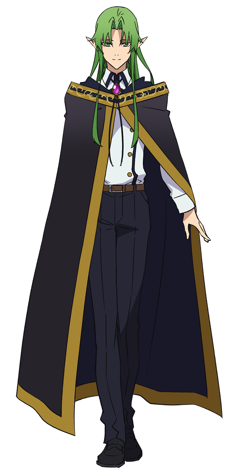 1boy, anime_coloring, belt, black_cloak, black_pants, braid, brooch, brown_belt