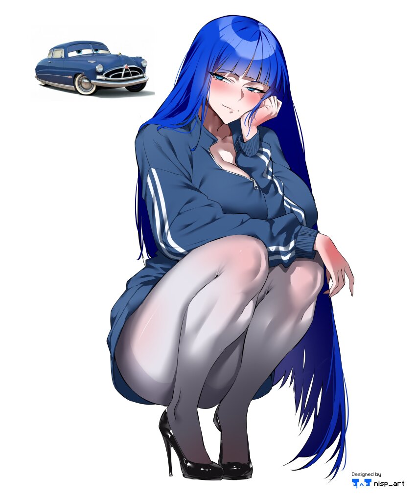 1boy, 1girl, absurdres, animification, blue_eyes, blue_hair, blush, car
