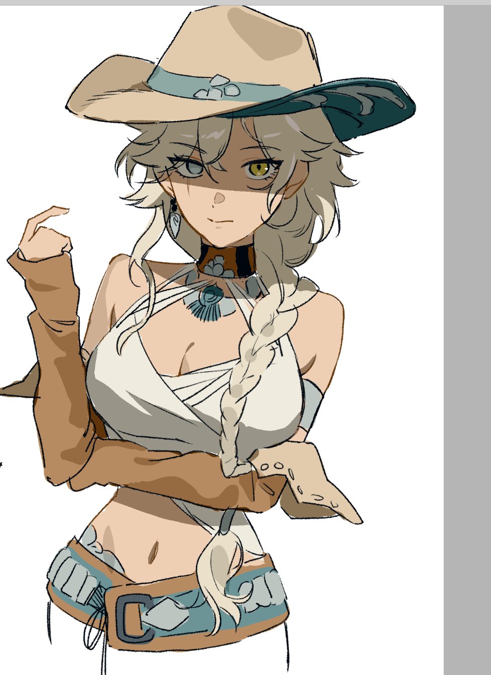 1girl, argus_(reverse:1999), bare_shoulders, belt, breasts, brown_belt, brown_choker, brown_hat, brown_sleeves, choker, cleavage, closed_mouth, cowboy_hat, detached_sleeves, grey_eyes, guni_(9guniguni), hand_on_own_elbow, hand_up, hat, heterochromia, highres, large_breasts, long_braid, long_hair, midriff, navel, reverse:1999, scar, scar_across_eye, scar_on_face, smile, solo, tank_top, upper_body, white_tank_top, yellow_eyes