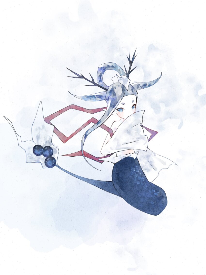 1girl, blue_eyes, blue_hair, hair_ornament, highres, izanami_(youkai_watch), long_hair, looking_at_viewer, mermaid, monster_girl, solo, sumisuke0809, white_background, youkai_(youkai_watch), youkai_watch