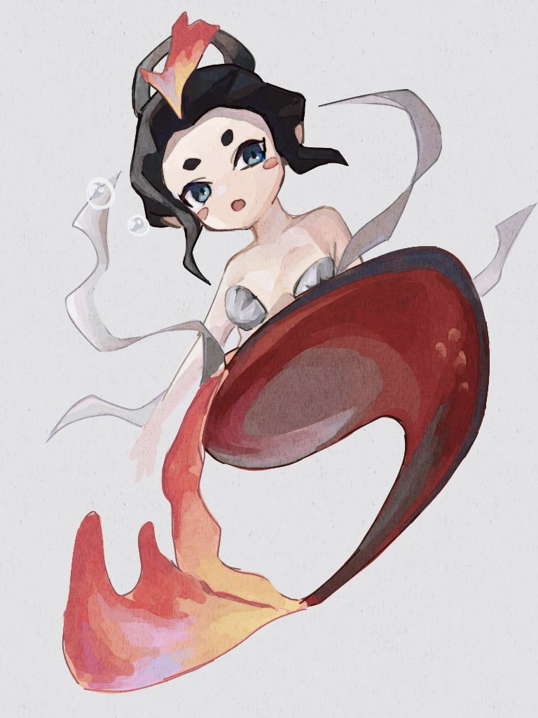 1girl, air_bubble, bikini, black_hair, blue_eyes, blush_stickers, bubble, grey_background, hagoromo, hikimayu, looking_at_viewer, mermaid, monster_girl, ningyo_(youkai_watch), open_mouth, shawl, shell, shell_bikini, simple_background, solo, sumisuke0809, swimsuit, youkai_(youkai_watch), youkai_watch
