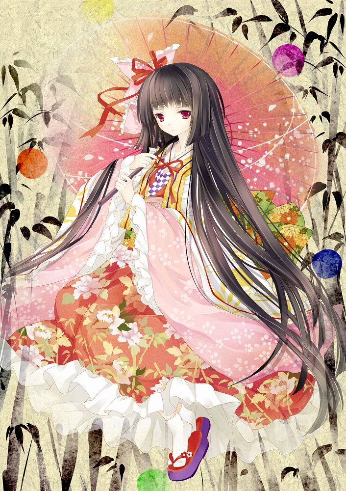 1girl, bamboo, black_hair, bow, brown_hair, clog_sandals, female_focus, hair_bow