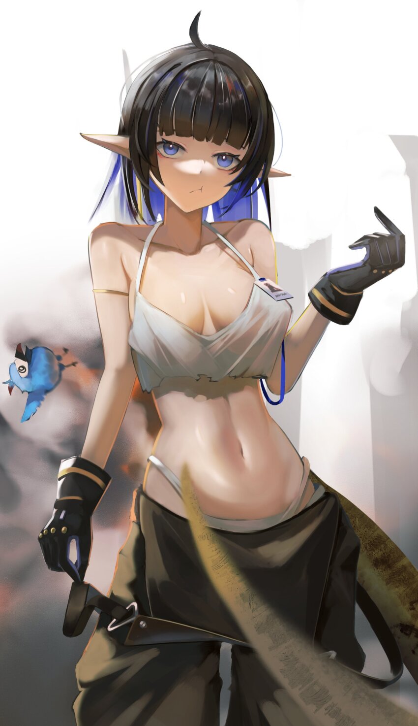 1girl, :t, @_@, absurdres, ahoge, arknights, black_gloves, black_hair