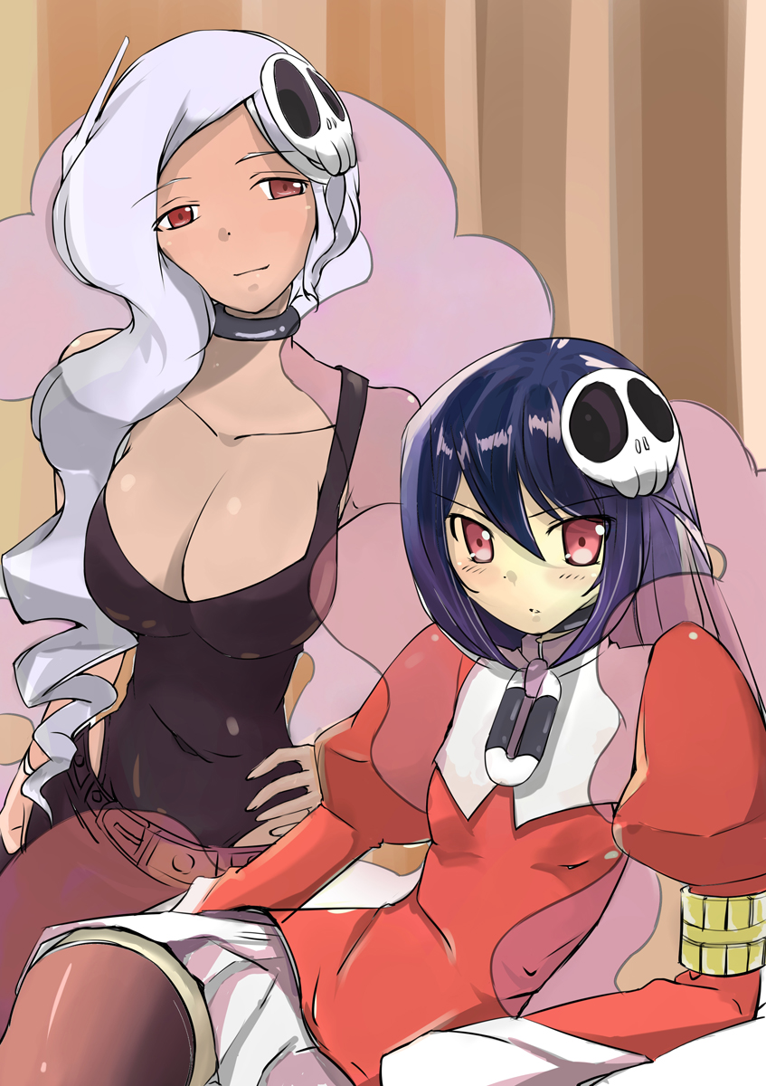 2girls, blue_hair, blush, breasts, choker, cleavage, dark_skin, dark-skinned_female