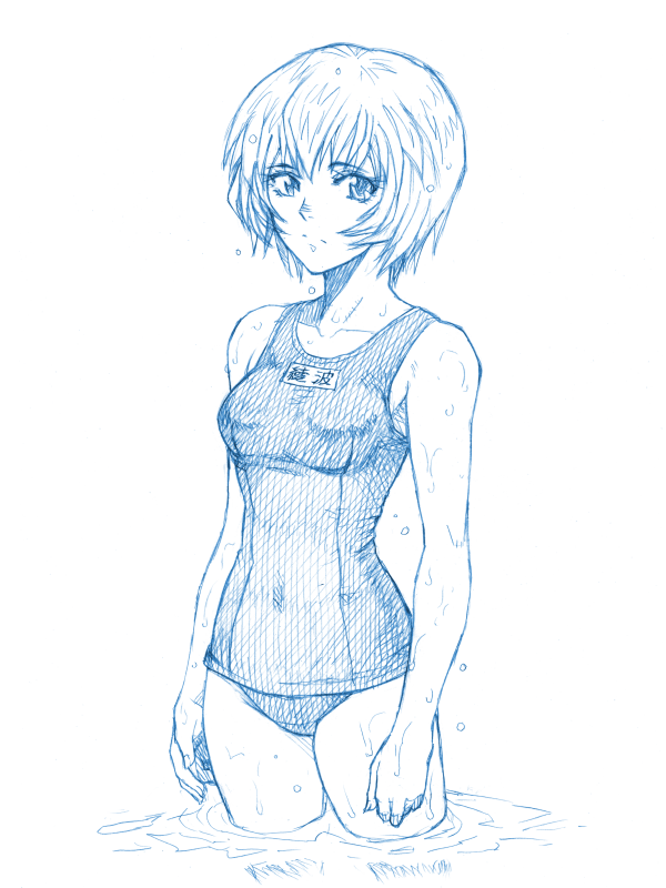 1girl, ayanami_rei, expressionless, monochrome, neon_genesis_evangelion, partially_submerged, rakshasa_(artist), school_swimsuit, short_hair, simple_background, solo, swimsuit, wet, white_background