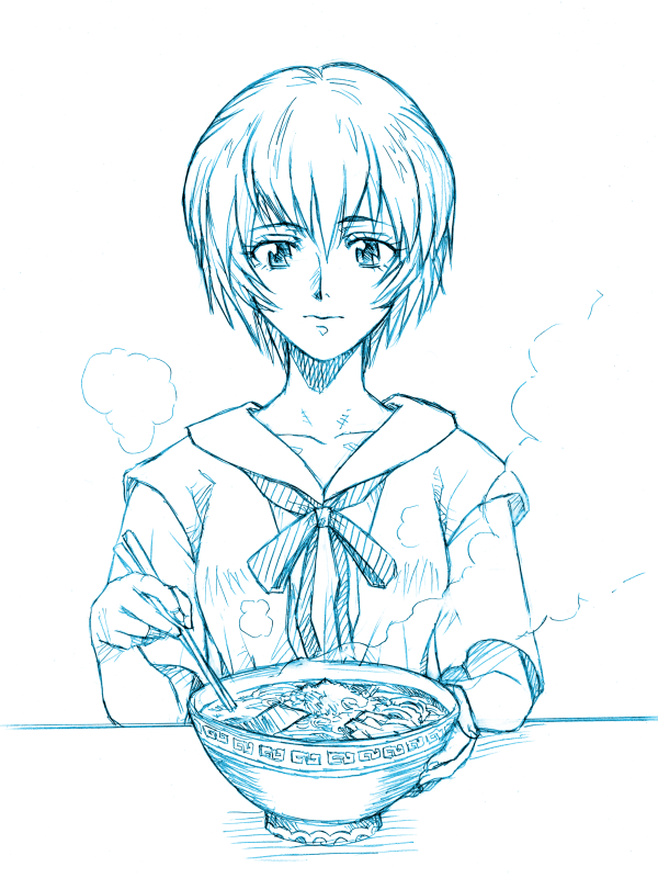1girl, ayanami_rei, bowl, expressionless, food, monochrome, neon_genesis_evangelion, rakshasa_(artist)