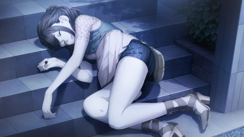 1girl, bare_legs, blue_vest, braid, breasts, brown_hair, casual, denim_vest