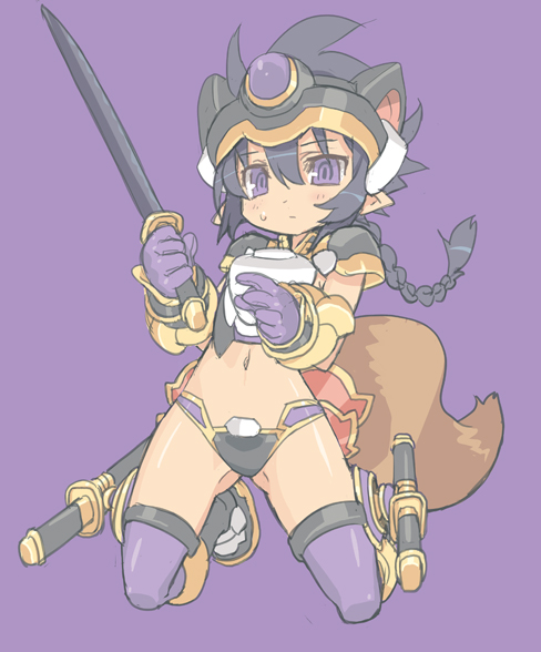 1girl, animal_ears, bad_id, bad_pixiv_id, black_hair, blade_(galaxist), braid, extra_ears, female_focus, gloves, kneeling, matsuhime_mujina, purple_eyes, raccoon_tail, shinrabanshou, solo, sword, tail, thighhighs, weapon, yuuyami_no_mikazuki