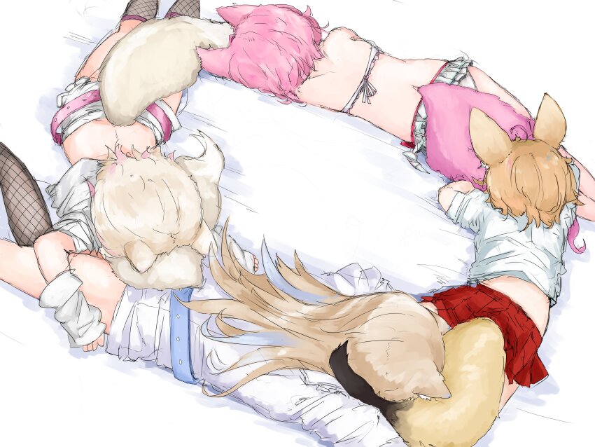 4girls, absurdres, animal_ears, arm_warmers, belt, bikini, bikini_skirt, blonde_hair