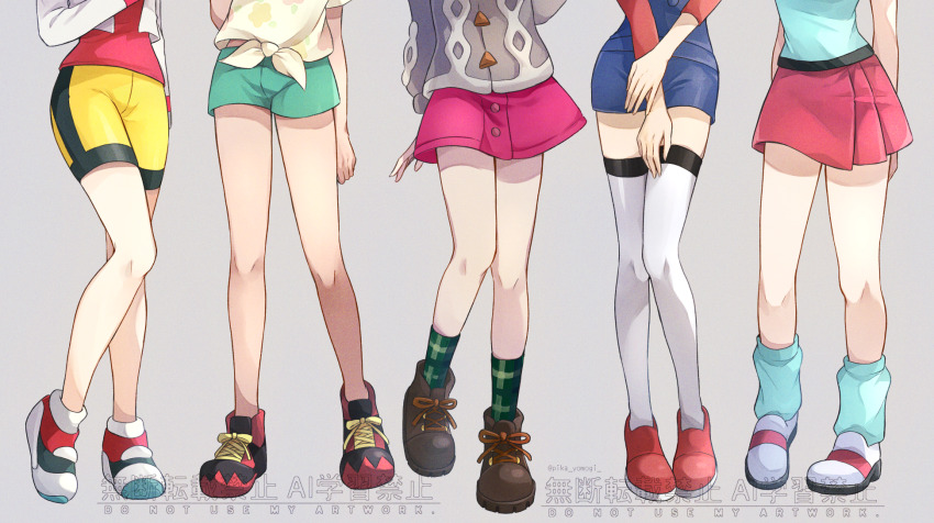 5girls, bike_shorts, blue_overalls, blue_shirt, boots, cardigan, dress, floral_print