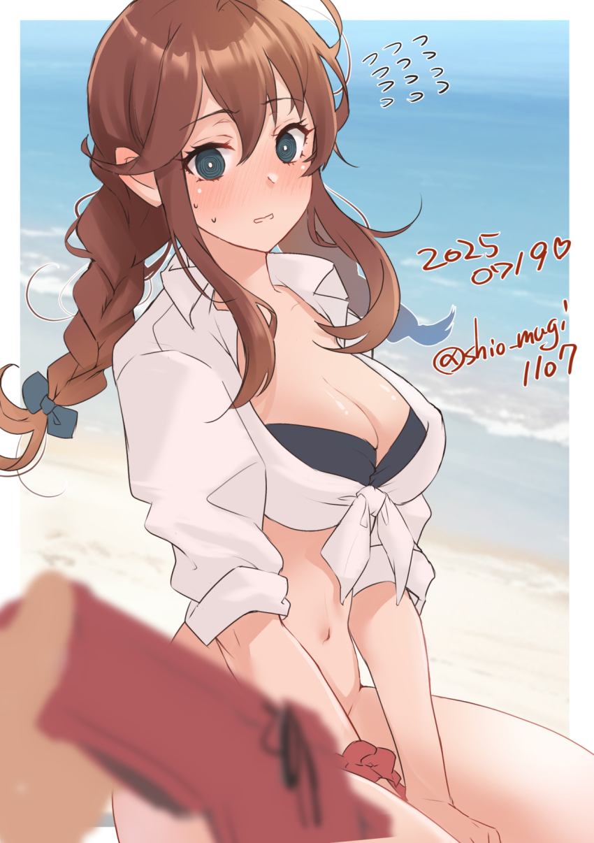 1girl, 1other, beach, bikini, bikini_top_only, bikini_under_clothes, black_bikini, blue_sky