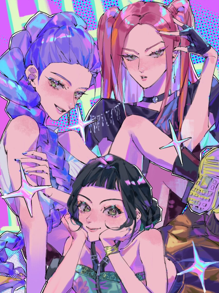 3girls, black_gloves, black_hair, blunt_bangs, braid, braided_ponytail, choker, double_bun