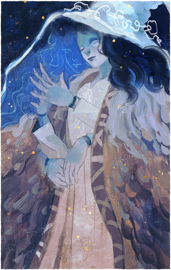 1girl, blue_background, blue_hair, blue_skin, border, brianne_neumann_(ghostbri), cape, cloak