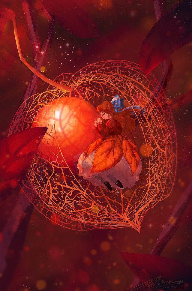 1girl, apple, closed_eyes, dress, dried_fruit, food, fruit, high_ponytail