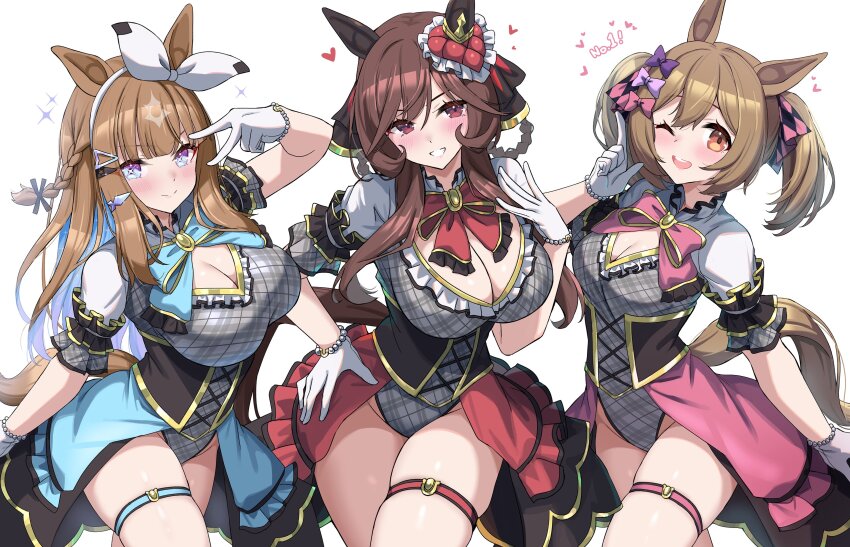 3girls, absurdres, adapted_costume, almond_eye_(umamusume), animal_ears, bead_bracelet, beads, black_corset