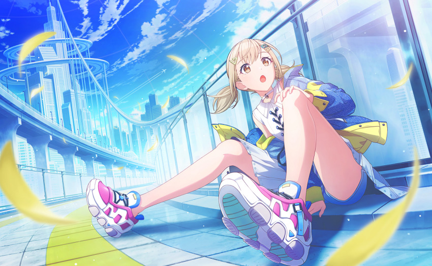 1girl, :o, azusawa_kohane, blonde_hair, blue_jacket, blue_sky, blurry, brown_eyes