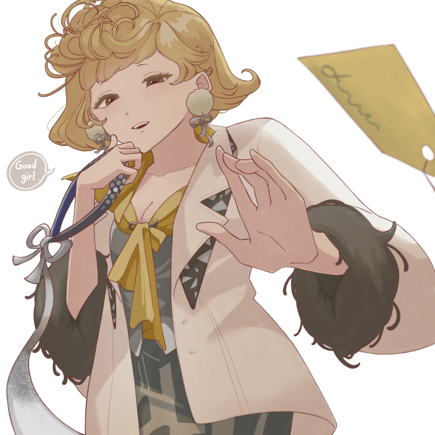 1girl, :d, blonde_hair, breasts, cleavage, earrings, english_text, from_below