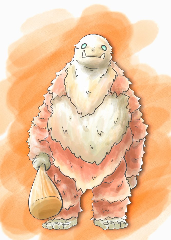 aqua_eyes, bad_id, bad_twitter_id, barefoot, brown_fur, club_(weapon), fangs, full_body, grimms_notes, holding, holding_club, holding_weapon, male_focus, monster, monster_focus, no_humans, solo, standing, weapon, yaharakame, yahoo_(grimms_notes)