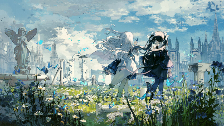 2girls, arcaea, artist_request, bare_shoulders, black_choker, black_dress, black_hair, black_pantyhose, blue_butterfly, boots, bow, bowtie, breasts, bug, butterfly, castle, choker, cross-laced_clothes, cross-laced_dress, dress, flower, frilled_sleeves, frills, from_behind, full_body, grass, hair_bow, head_wreath, highres, hikari_(arcaea), hikari_(reunion)_(arcaea), insect, jewelry, long_hair, long_sleeves, multiple_girls, necklace, non-web_source, off-shoulder_dress, off_shoulder, on_ground, pantyhose, pink_eyes, puffy_sleeves, ribbon, standing, statue, tairitsu_(arcaea), tairitsu_(reunion)_(arcaea), twintails, very_long_hair, white_boots, white_hair, yuri