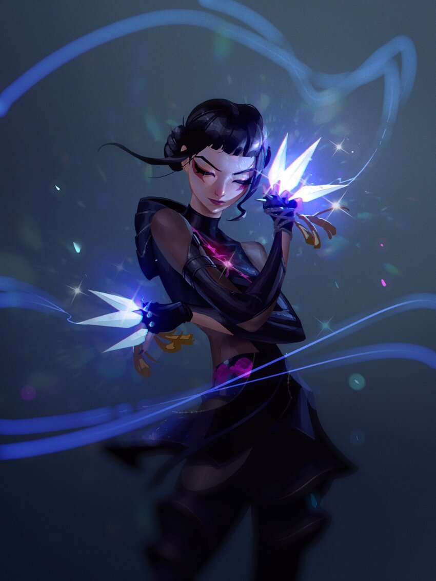 1girl, black_gloves, black_hair, blunt_bangs, closed_eyes, closed_mouth, commentary, cowboy_shot