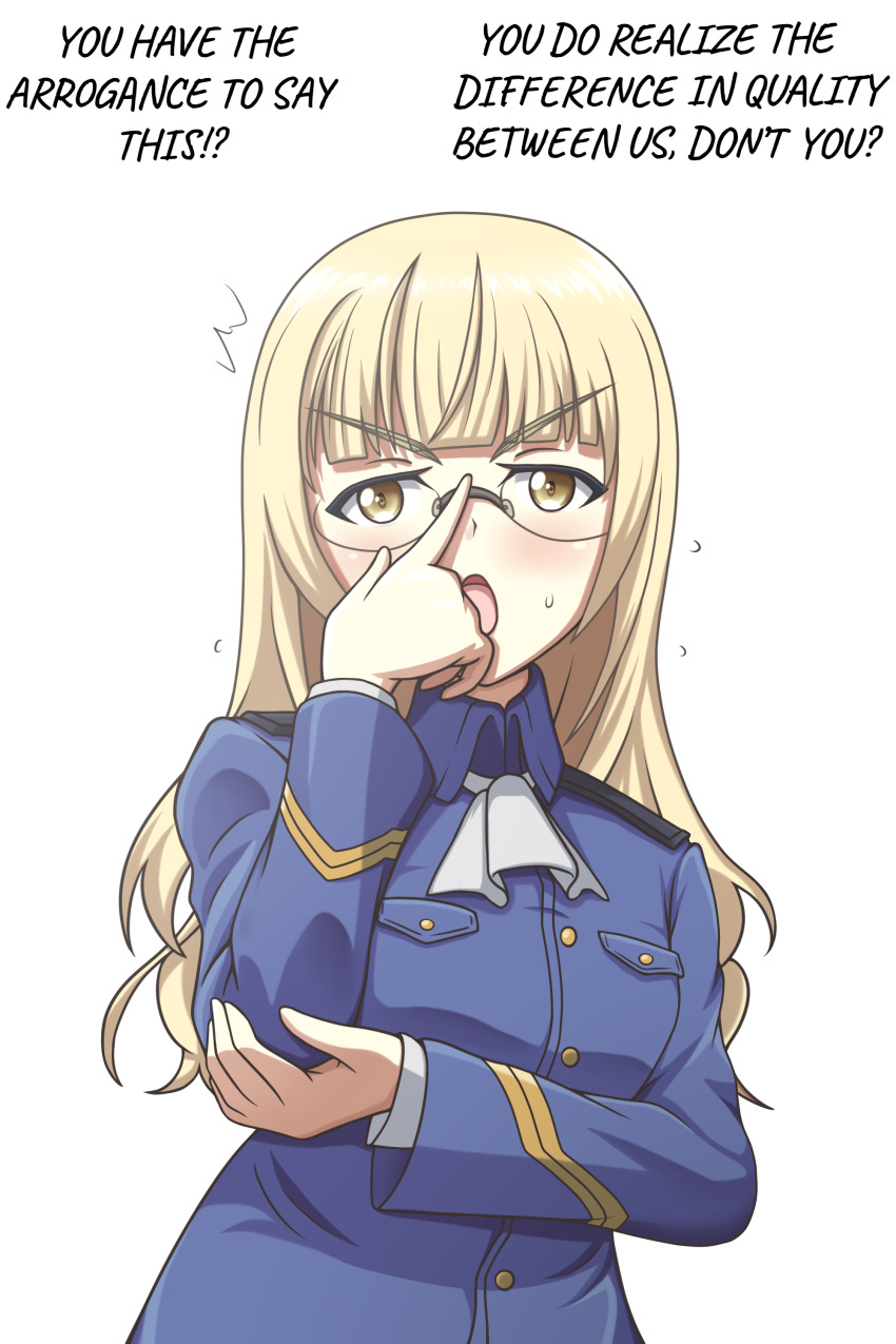 1girl, absurdres, adjusting_eyewear, blonde_hair, blush, confession, glasses, hattorin