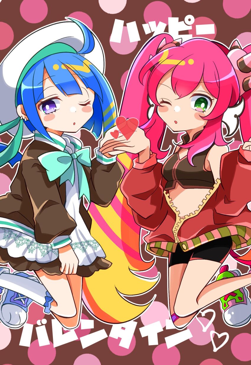 2girls, ahoge, black_shorts, blonde_hair, blowing_kiss, blue_boots, blue_hair, blush