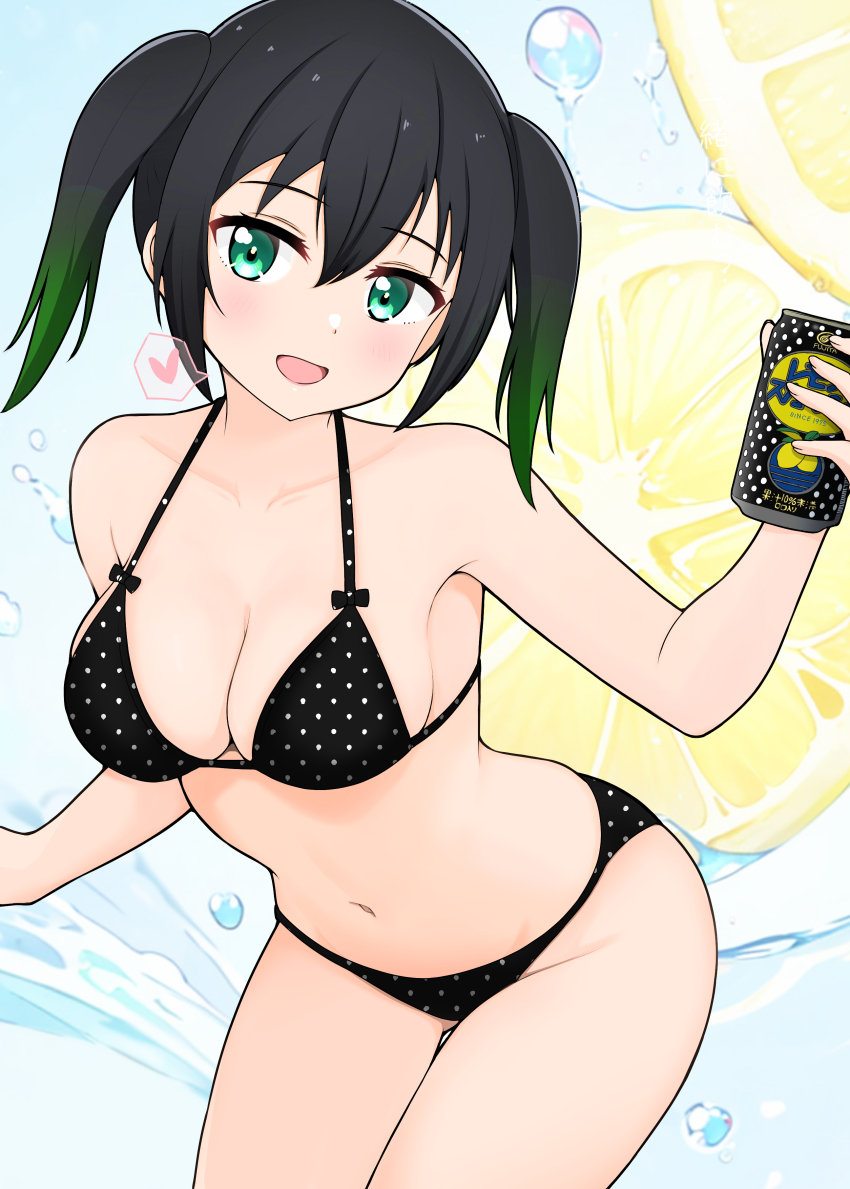 1girl, absurdres, bikini, black_bikini, black_hair, breasts, can, cleavage