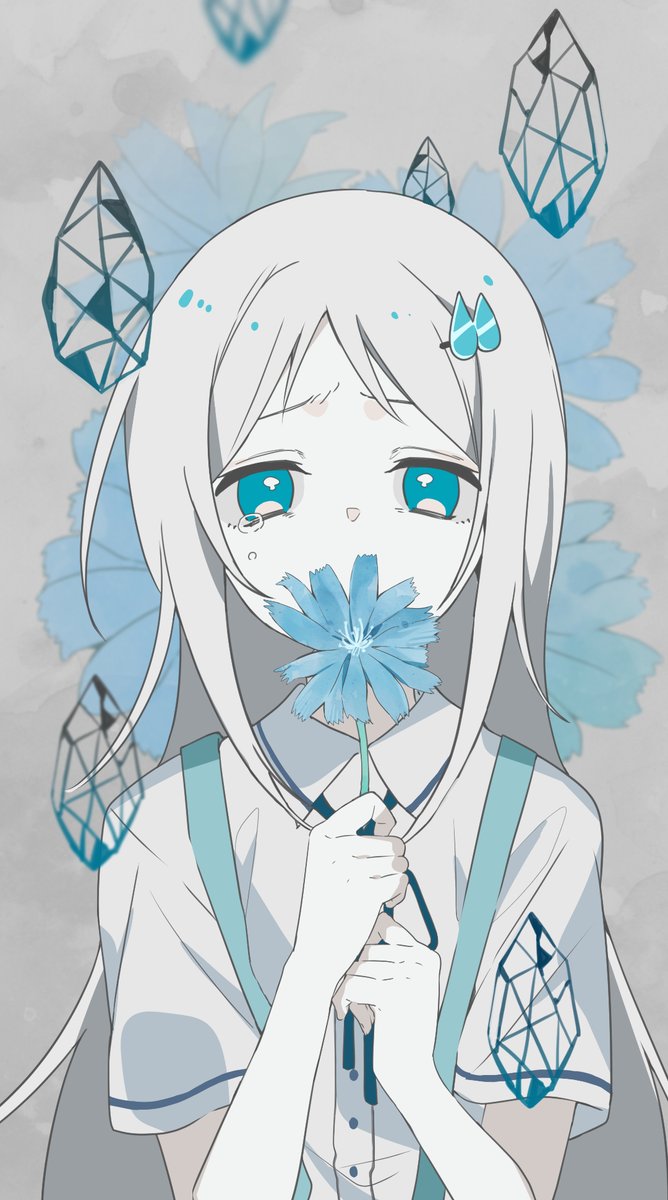 1girl, bad_id, bad_twitter_id, blue_flower, blue_ribbon, collared_shirt, colored_skin, commentary_request