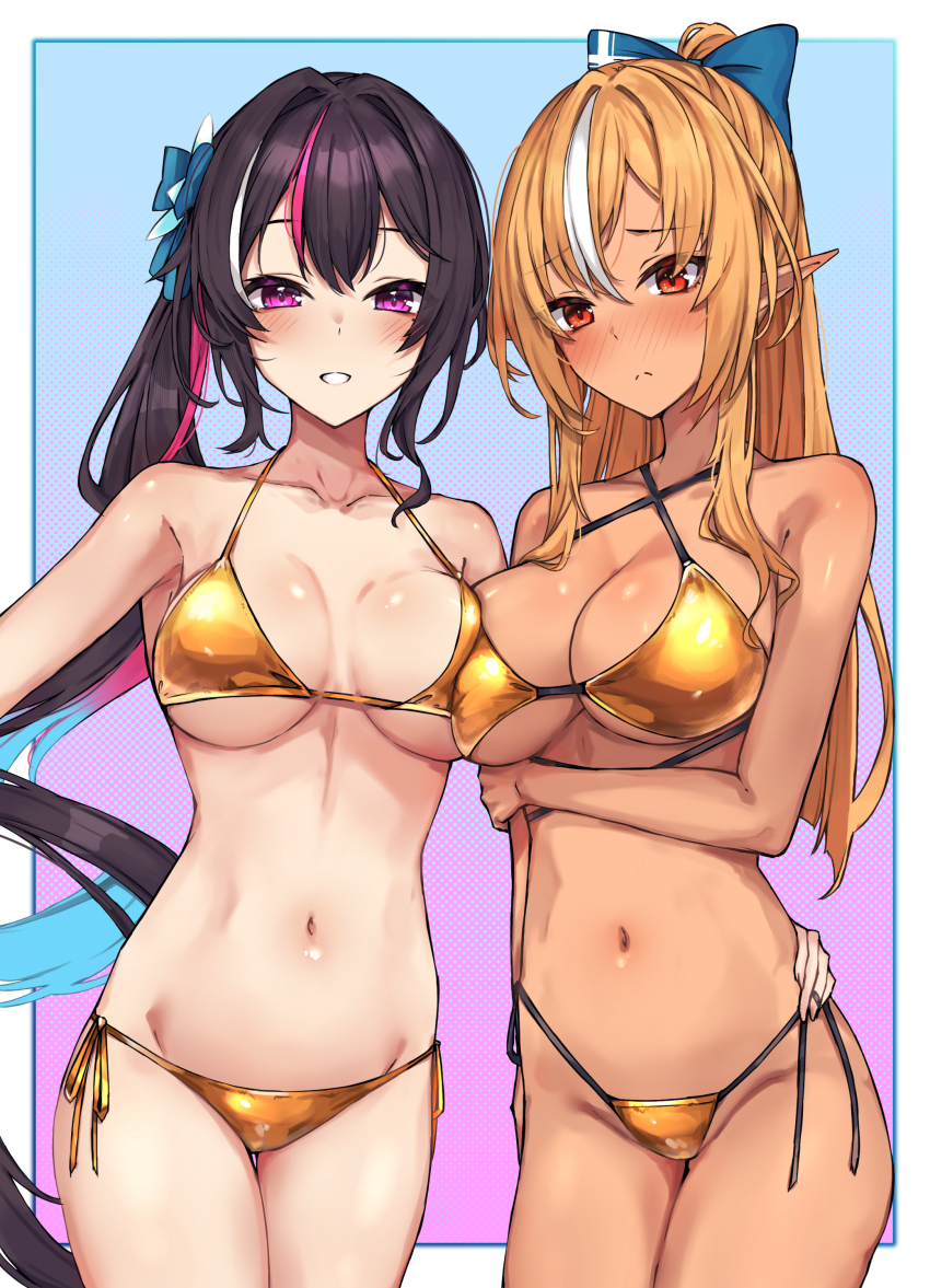2girls, absurdres, alternate_costume, arm_under_breasts, azki_(hololive), bikini, black_hair, blonde_hair