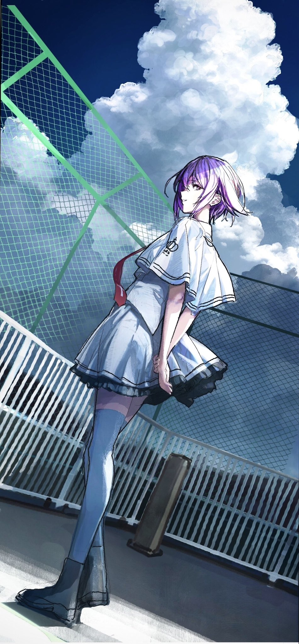 1girl, arms_behind_back, capelet, chain-link_fence, cloud, commentary, fence, frilled_skirt