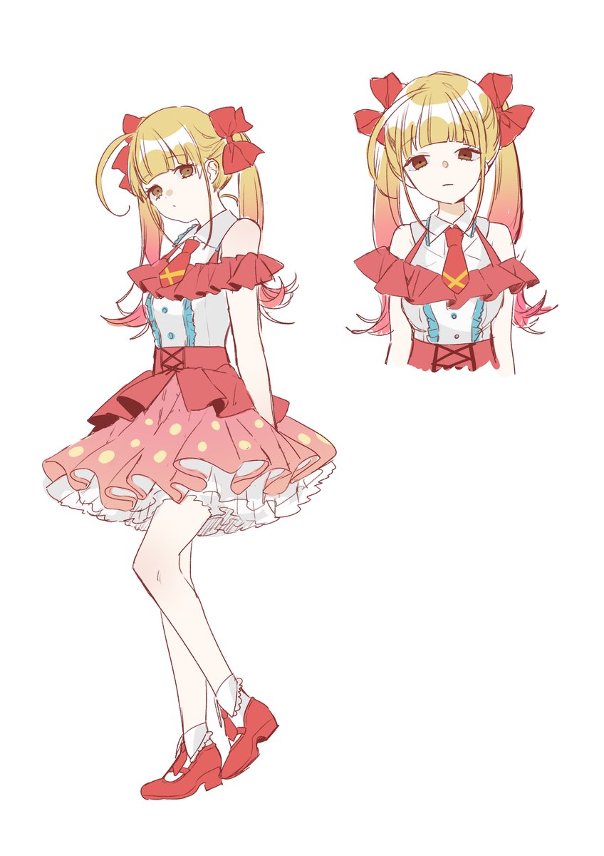 1girl, ahoge, ankle_socks, bad_id, bad_twitter_id, blonde_hair, bow, breasts, brown_eyes, closed_mouth, collared_shirt, commentary_request, dot_mouth, dot_nose, frilled_shirt, frilled_shirt_collar, frilled_socks, frills, frown, full_body, gradient_hair, hair_bow, highres, layered_skirt, long_hair, looking_at_viewer, loser_girl_(tuyu), mary_janes, multicolored_hair, multiple_hair_bows, multiple_views, necktie, official_art, omutatsu, petticoat, red_bow, red_hair, red_necktie, red_shoes, red_skirt, reference_sheet, shirt, shoes, simple_background, skirt, sleeveless, sleeveless_shirt, small_breasts, socks, standing, standing_on_one_leg, tuyu_(band), twintails, upper_body, white_background, white_shirt, white_socks