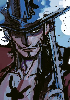 1boy, beard, black_hair, closed_mouth, commentary_request, dracule_mihawk, facial_hair, hat_feather